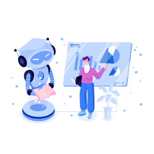 Sztuczna inteligencja, kreskówkowy robot stojący przy monitorze